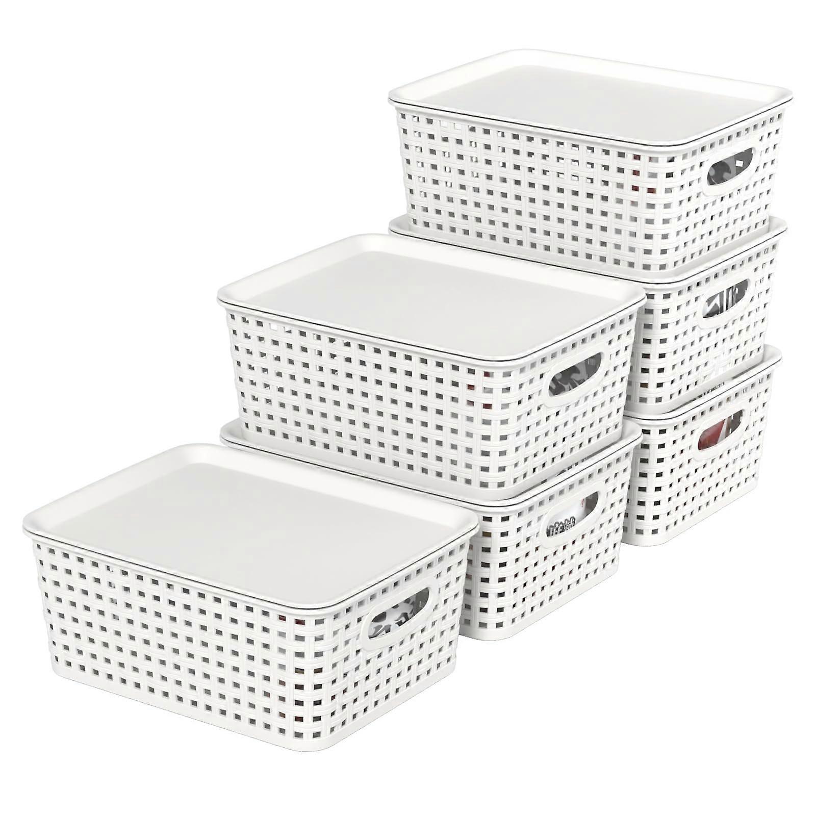 6 Pack Plastic Storage Baskets with Lids, Stackable White Containers with Handles for Home and Office