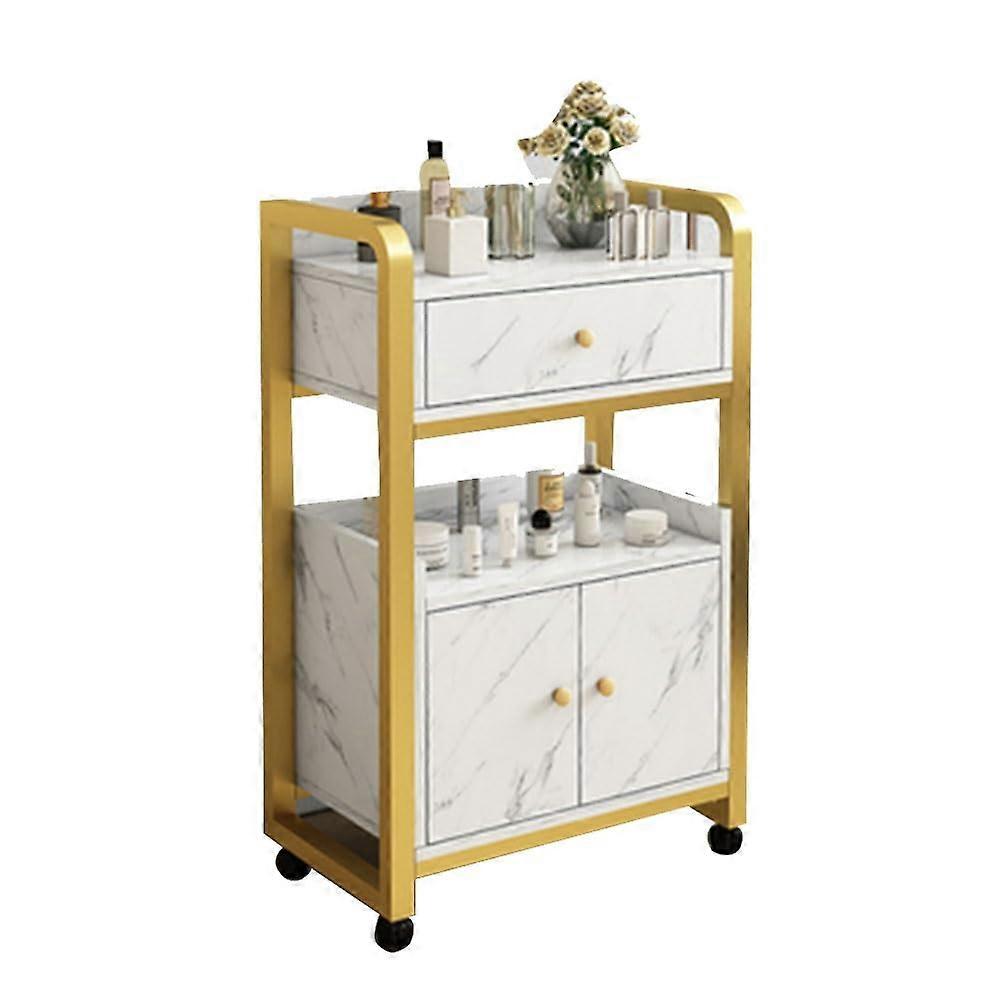 Salon Trolley with MultiDrawer Storage, Lockable Wheels, Raised Shelf Edge, Wood Handle for Spa