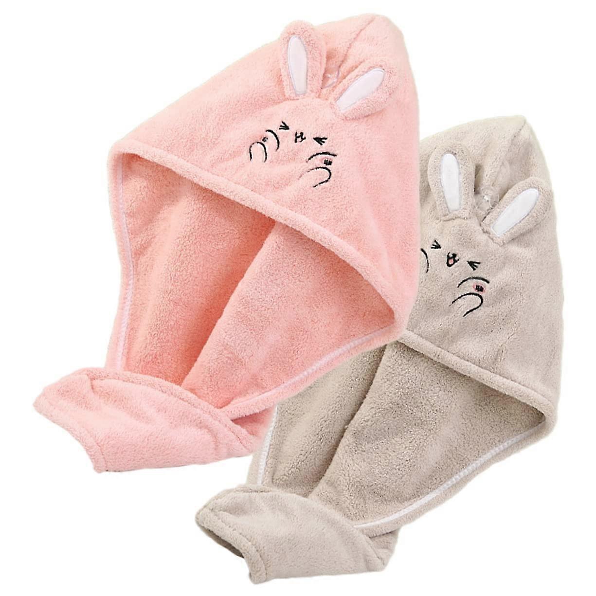 Hair Drying Towel Set, Microfiber Wrap with Button, Super Absorbent, Cute Bunny Design, Pink Camel