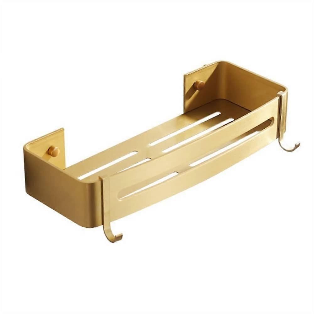 Bathroom Shelf with Hooks, Brushed Gold Aluminum Shower Caddy, Wall Mounted SpaceSaving Storage Rack