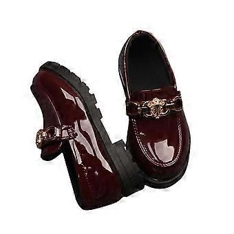 Meisjes platform loafers, instappers met kettingdetails, dikke hak, leren platte schoenen met ronde neus, schooluniform, rode schoenen, maat 2-3 jaar