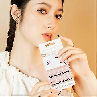 Medium Length Square Press On Nails Black French Tip Pink Acrylic False Nails 30pcs with Glue