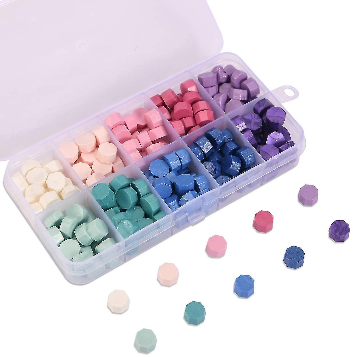 600pcs ختم الخرز الشمع معبأة في مربع من البلاستيك، 24 الألوان المثمن الختم