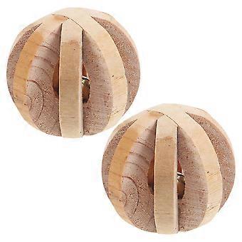 Hamster Chew Toy with Bell for Pet Use 2Pcs Wooden Ball Shape