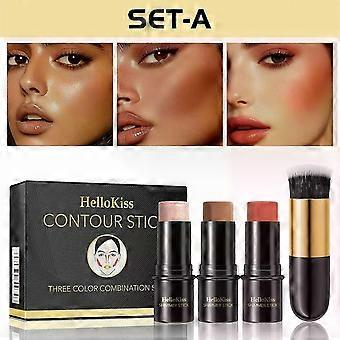 Kit per il trucco in stick di contorno in crema da 3 pezzi, sfumature con illuminante, fard e bronzer Contour Stick per guance, labbra, occhi, contorno viso naturale, Long La