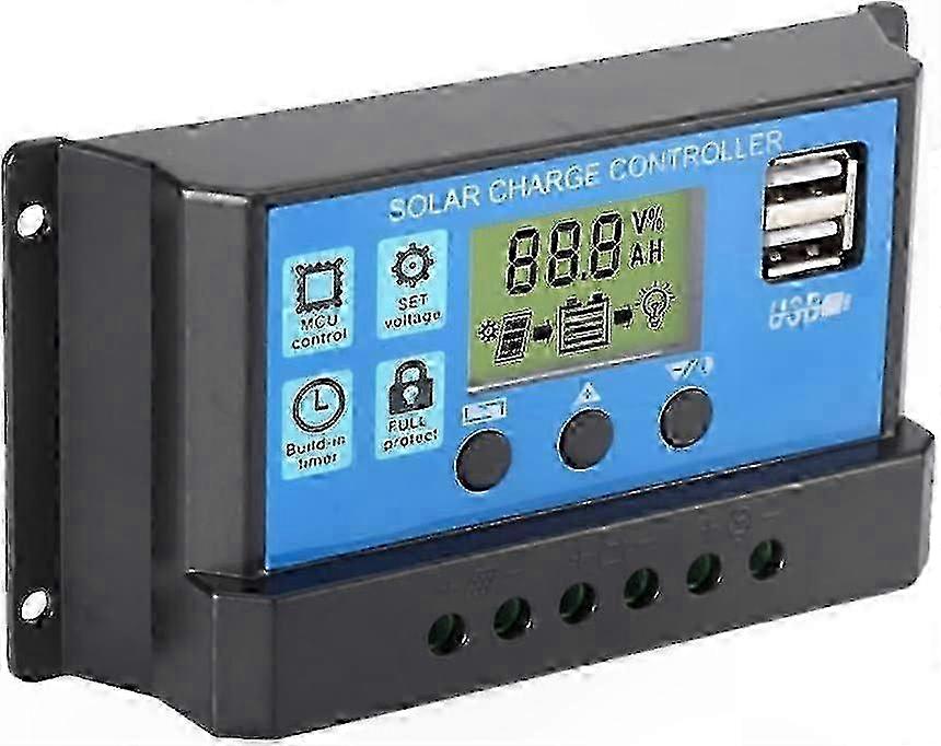 30A PWM Solar Charge Controller with Timer, 12V/24V Auto Voltage Detection compatible with Solar Panels