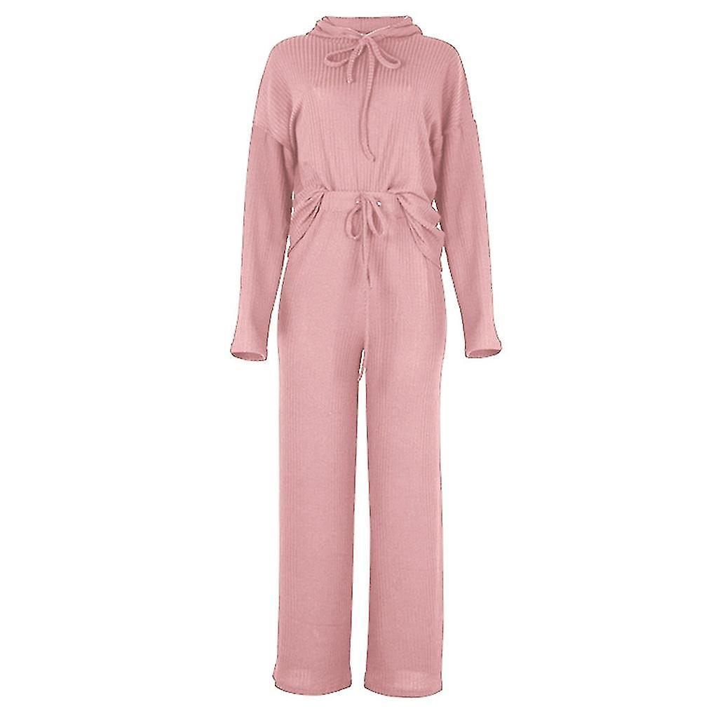 Women Ribbed Knit 2pcs Pajamas Drawstring Hoodie Top Wide Leg