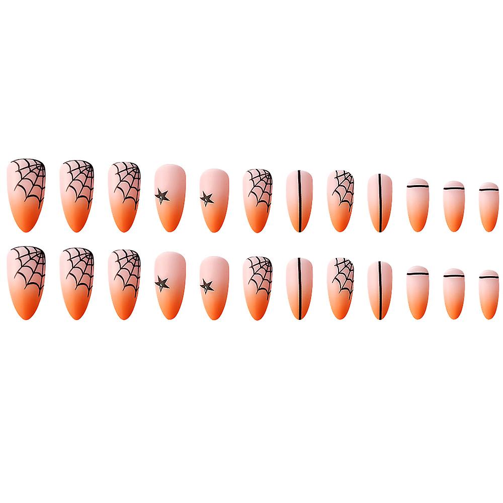 Almond Fake Nails With Nail Glue Halloween Spiders Web False Nail Tips Matte Stick On Nails