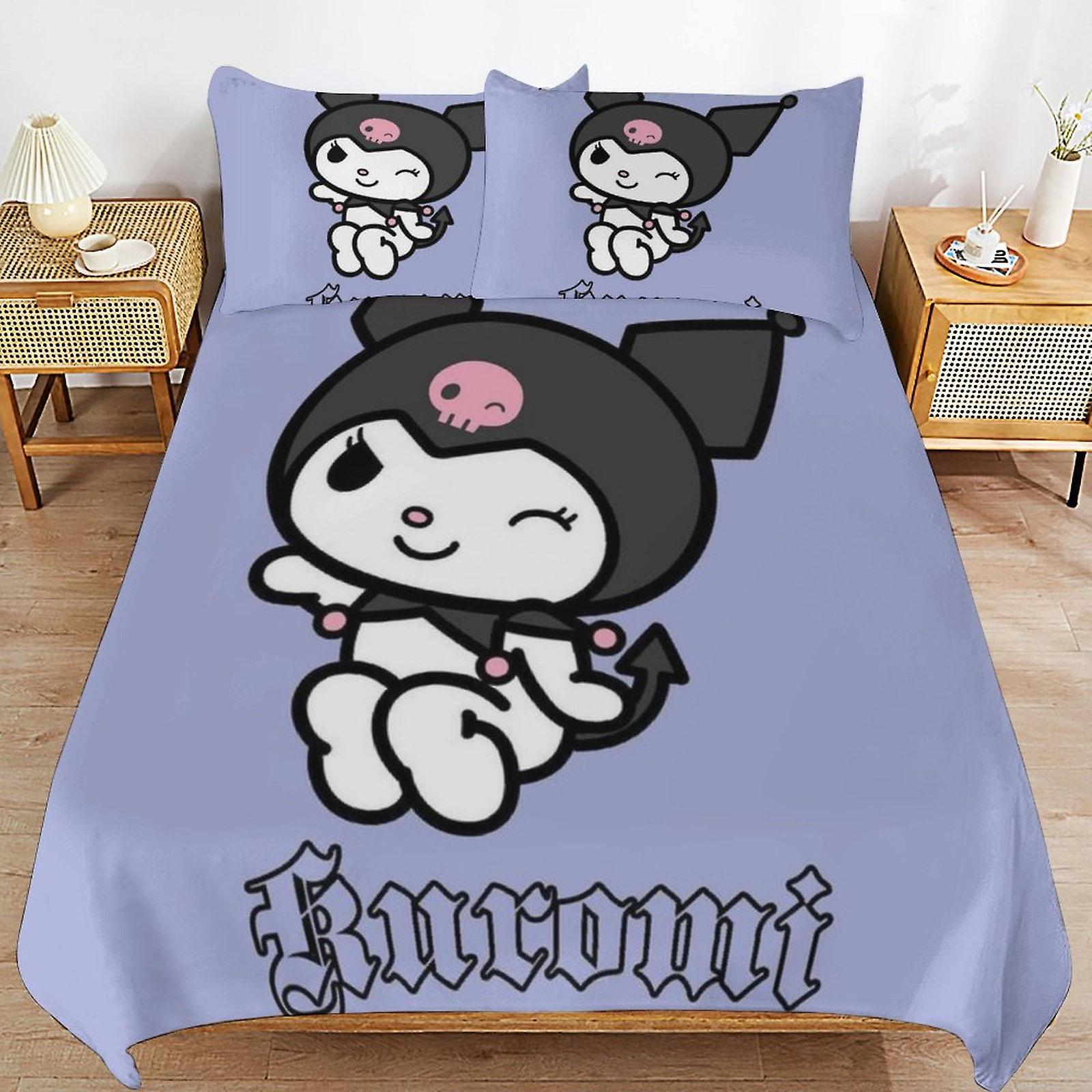 Kuromi 침대 이불 커버 마이크로 화이버 침구 세트 3D 인쇄 경량 3 피스 이불 세트, 이불 커버 1 개 및 베개 샴 2 개 어린이 소년 소녀