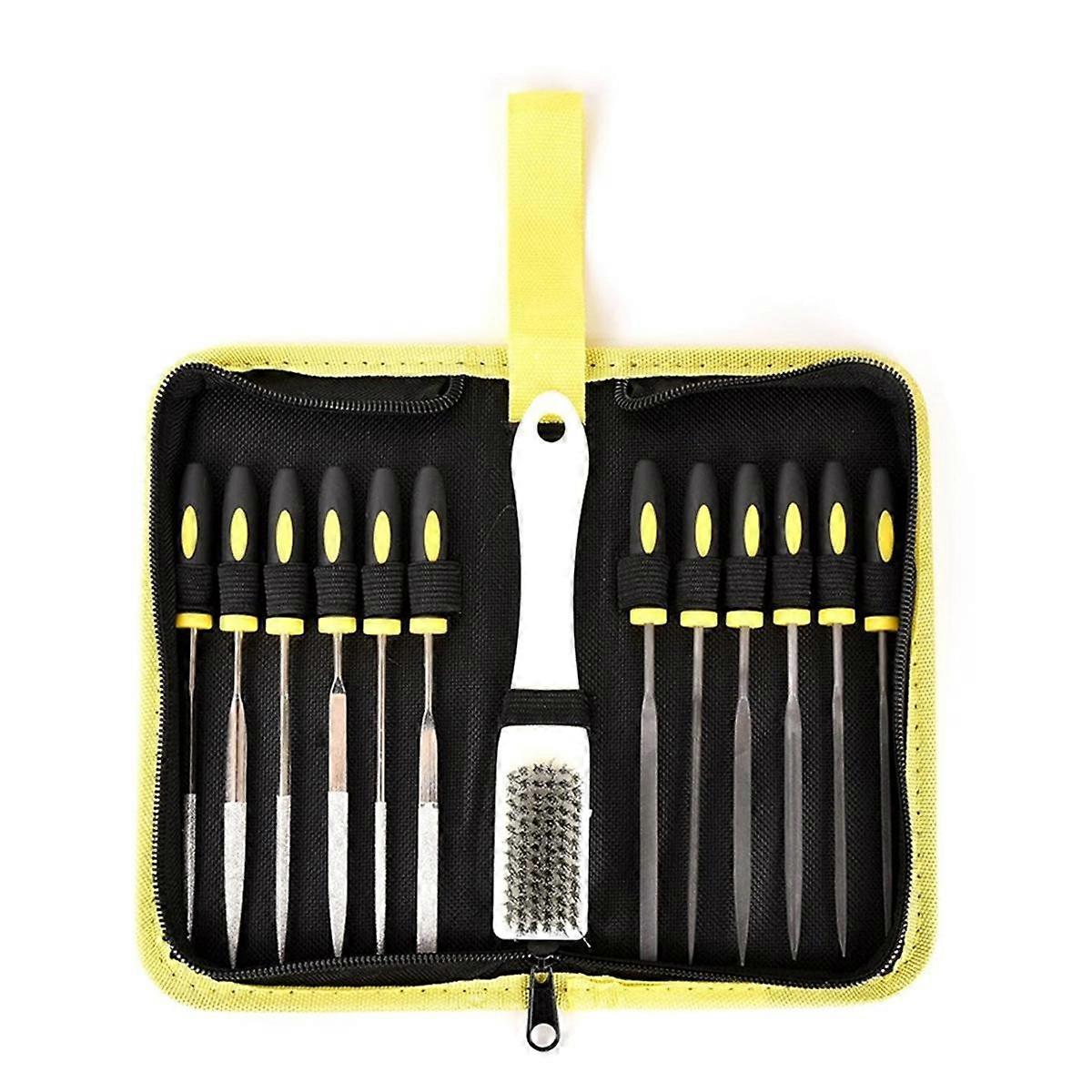 13PCS Needle Files Set,6 Diamond Files & 6 Steel File Sets and Cleaning Brush & Case with Handle
