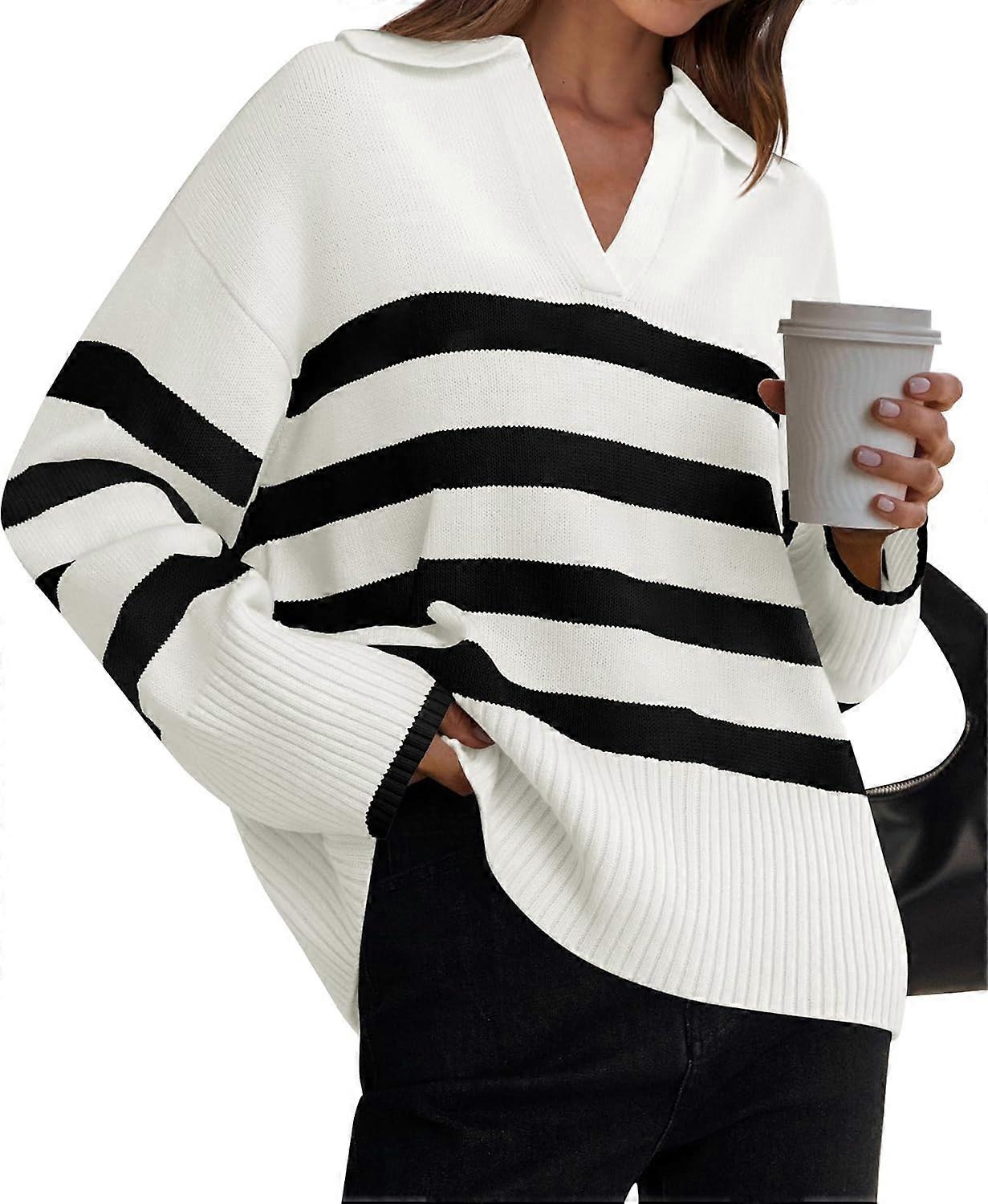 Sweaters Lapel V Neck Long Sleeve Striped Chunky Knit Oversized Pullover Sweater Jumper Tops