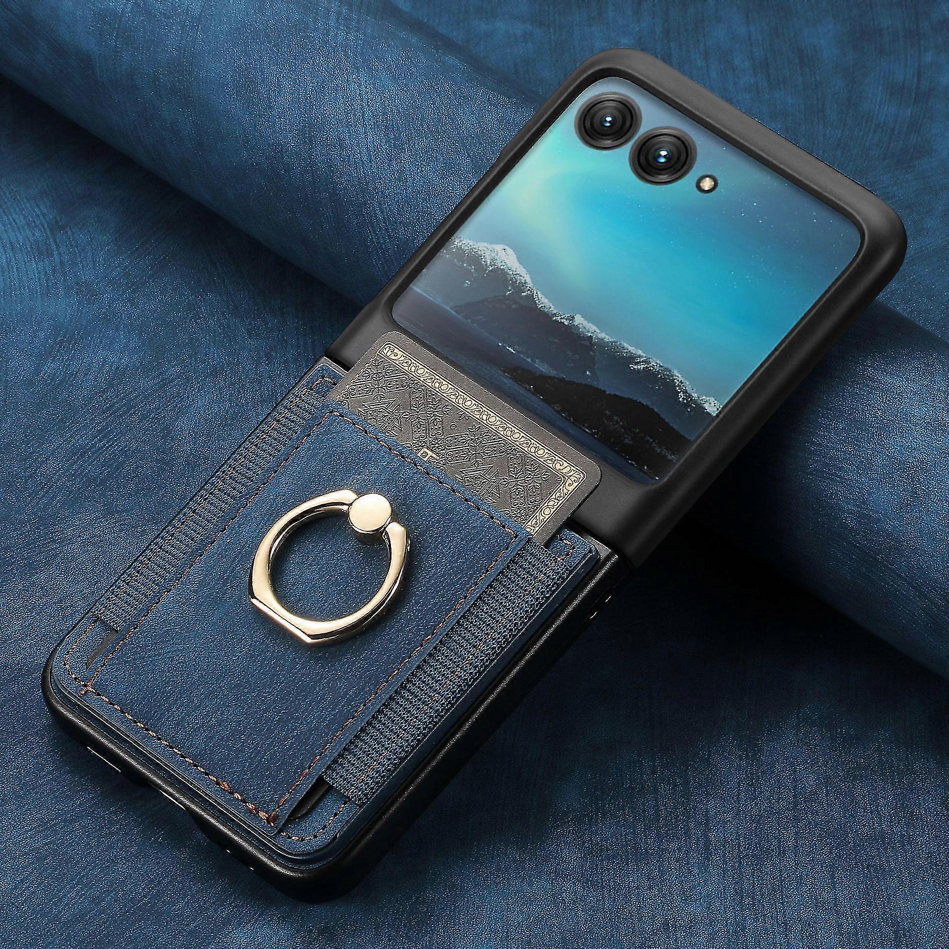 Custodia per telefono retrò con texture in pelle per Motorola Razr 50 Ultra / Razr 50 con slot per schede e anello