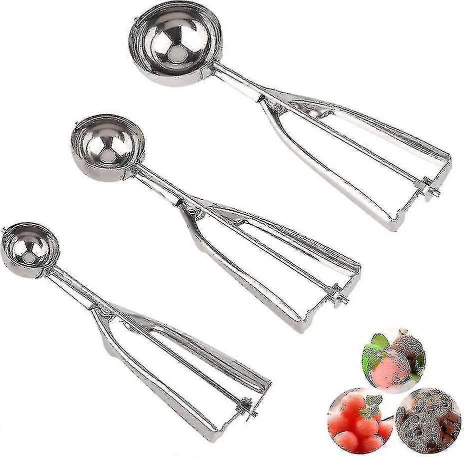 Ice Cream Scoop Set Of 3, Cookie Scoop With Trigger Release Stainless Steel Cupcake Scoop For Meatball, Melon, Muffin, Mashed Potatoes And More