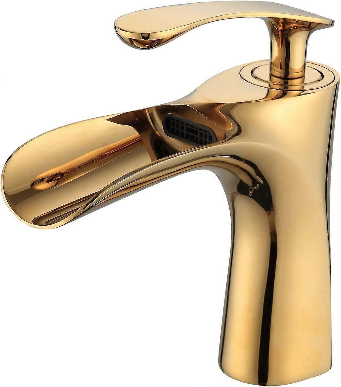 Robinet d'vier de salle de bains de luxe, robinets  cascade  poigne unique, finition or poli, pour salle de bain 1 trou