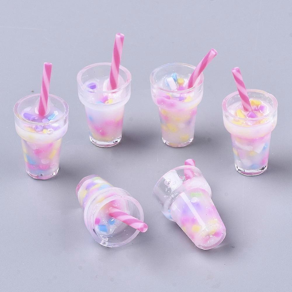 5pc Epoxy Resin Pendants with Polymer Clay Inside Transparent Acrylic Bubble Tea Fruit Juice Cup Hot Pink 27~28x13mm Hole: 1.4mm