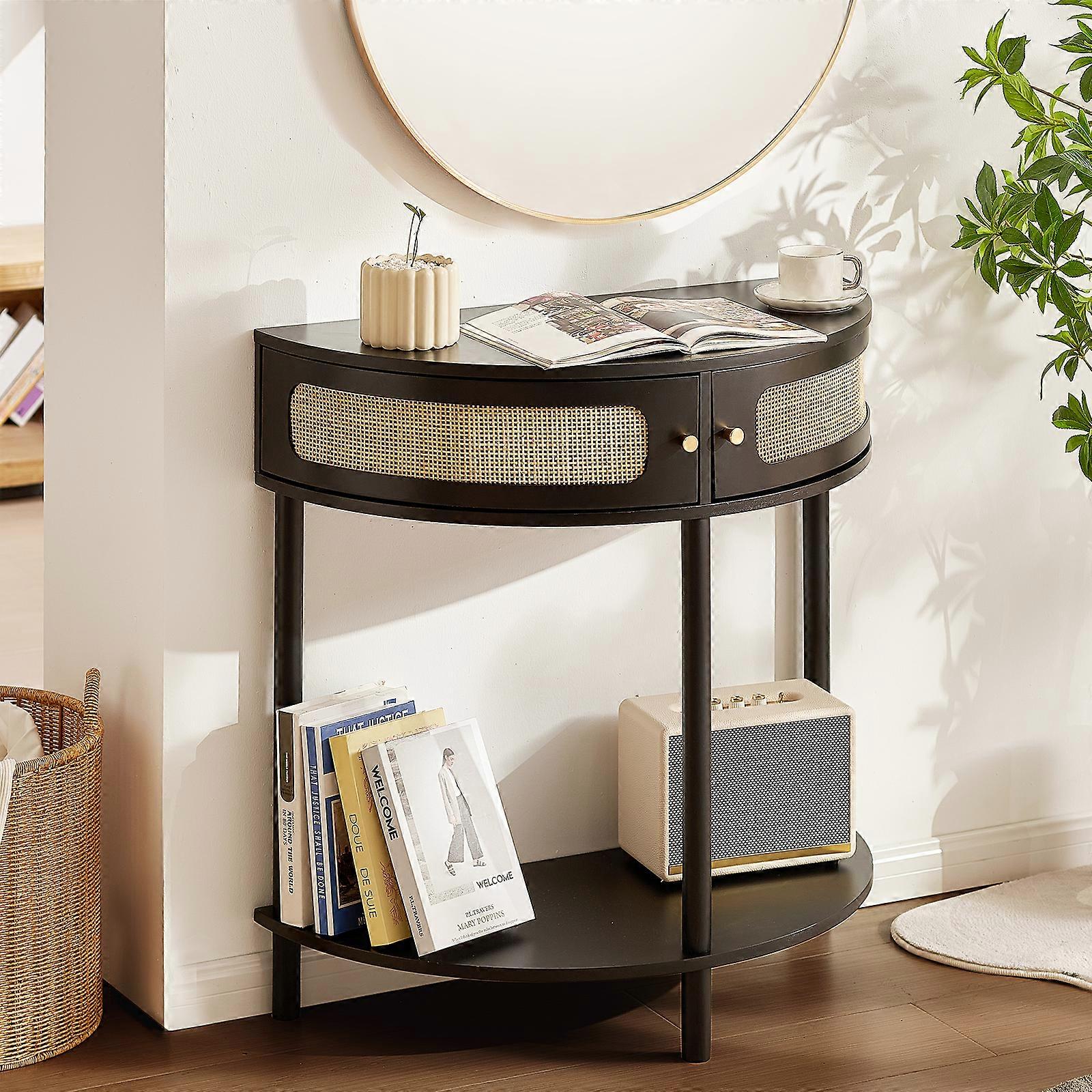 Half-moon Rattan Console Table με 2 συρτάρια, για σαλόνι, μελέτη, είσοδο ή τοίχο τηλεόρασης, μαύρο