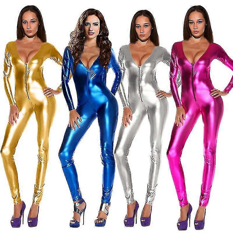 Kvinnors Pu Imitation Läder Bronzing Jumpsuit Jumpsuit Performance Kostym Scendräkt V-ringning Lågt snitt