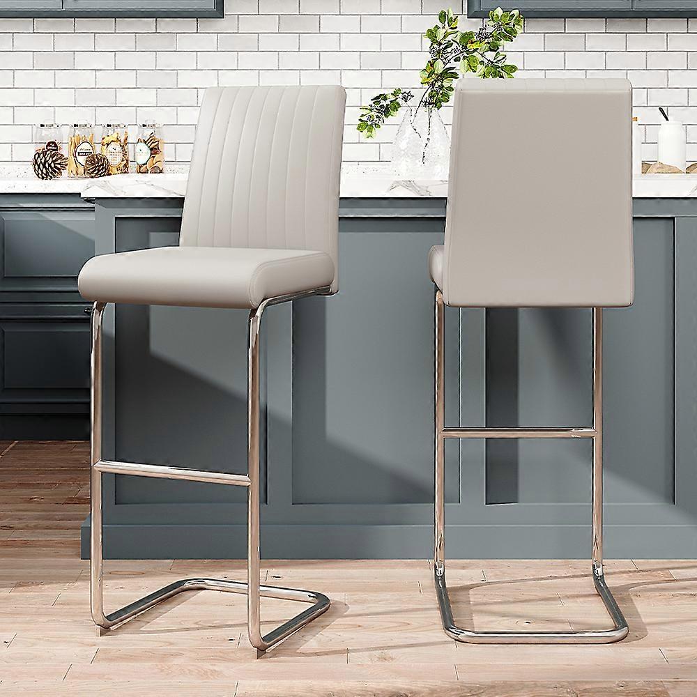2 Pcs White PU Bar Stools with Backrest