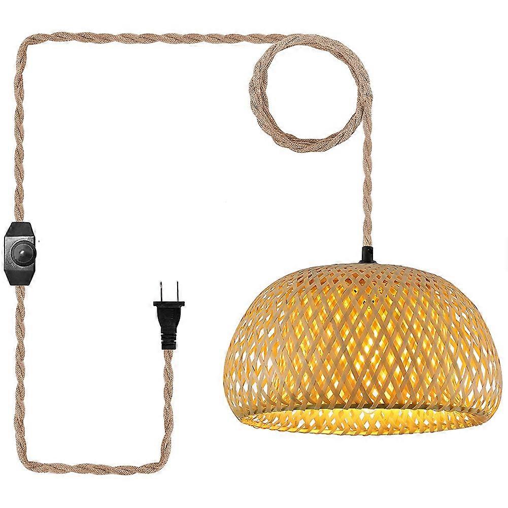 Plug in Pendant Light Hanging Lamp with Switch Hemp Rope Cord Bamboo Lampshade Wicker Rattan Hangin