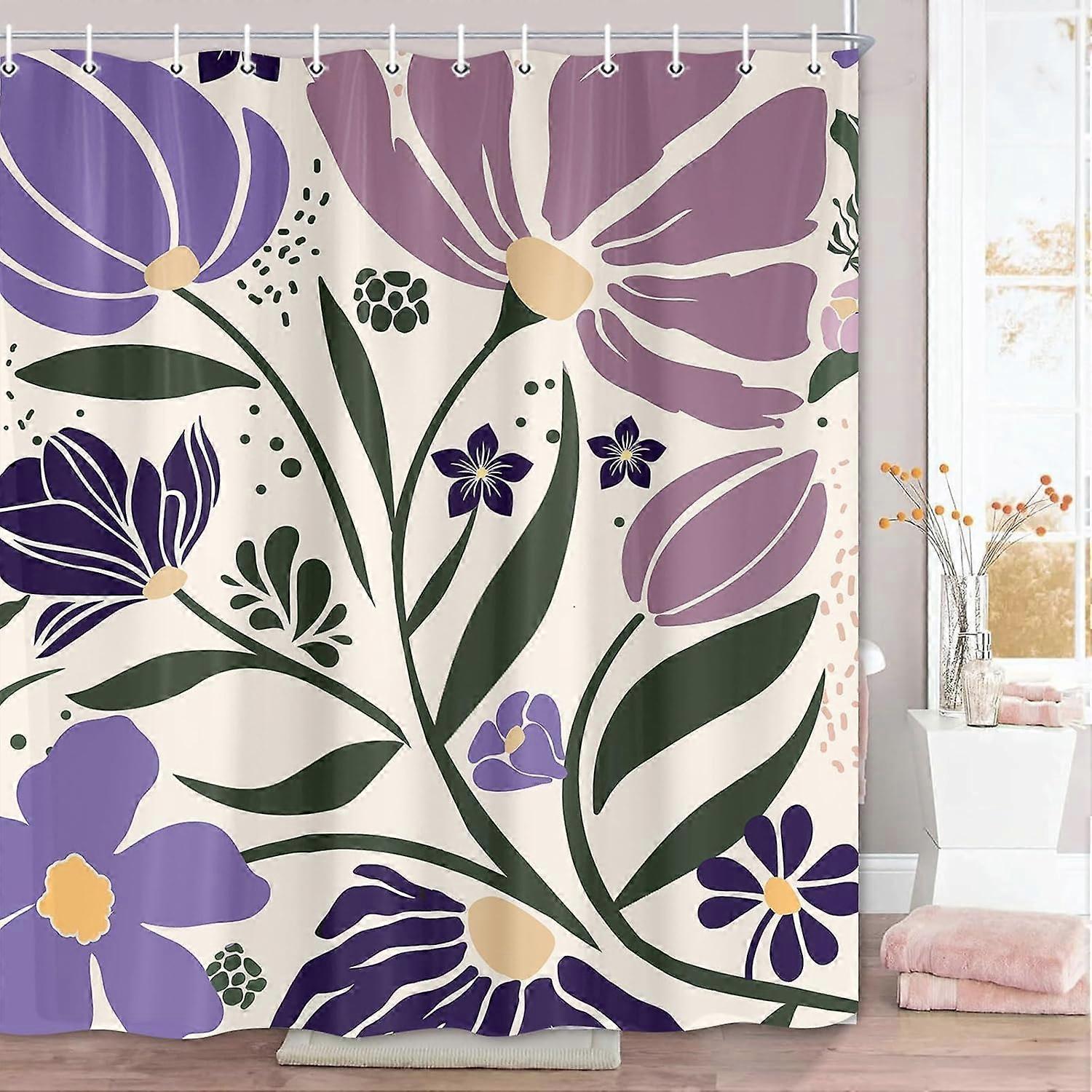 Retro Abstract Floral Shower Curtain, Vintage Purple Flower Botanical Geometric Aesthetic Groovy Shower Curtains for Girls Bathroom, Plant Bath Access