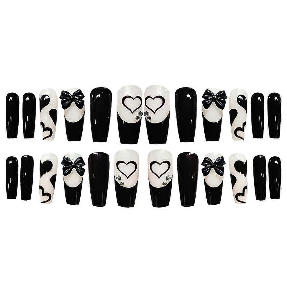 24PCS Long Press on Nails Cute Black Bow Design Fake Nails Full Coverage Nail