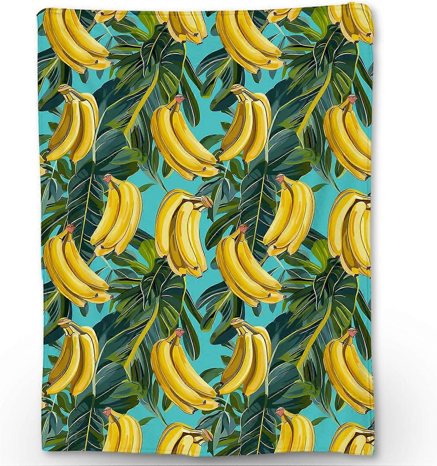 Hand Drawn Banana and Leaf Blanket, Soft Flannel Throw Blanket for Couch, Bed, Travel & Home Decor, Cozy Lightweight Warm Fluffy Fuzzy Blankets for Ad