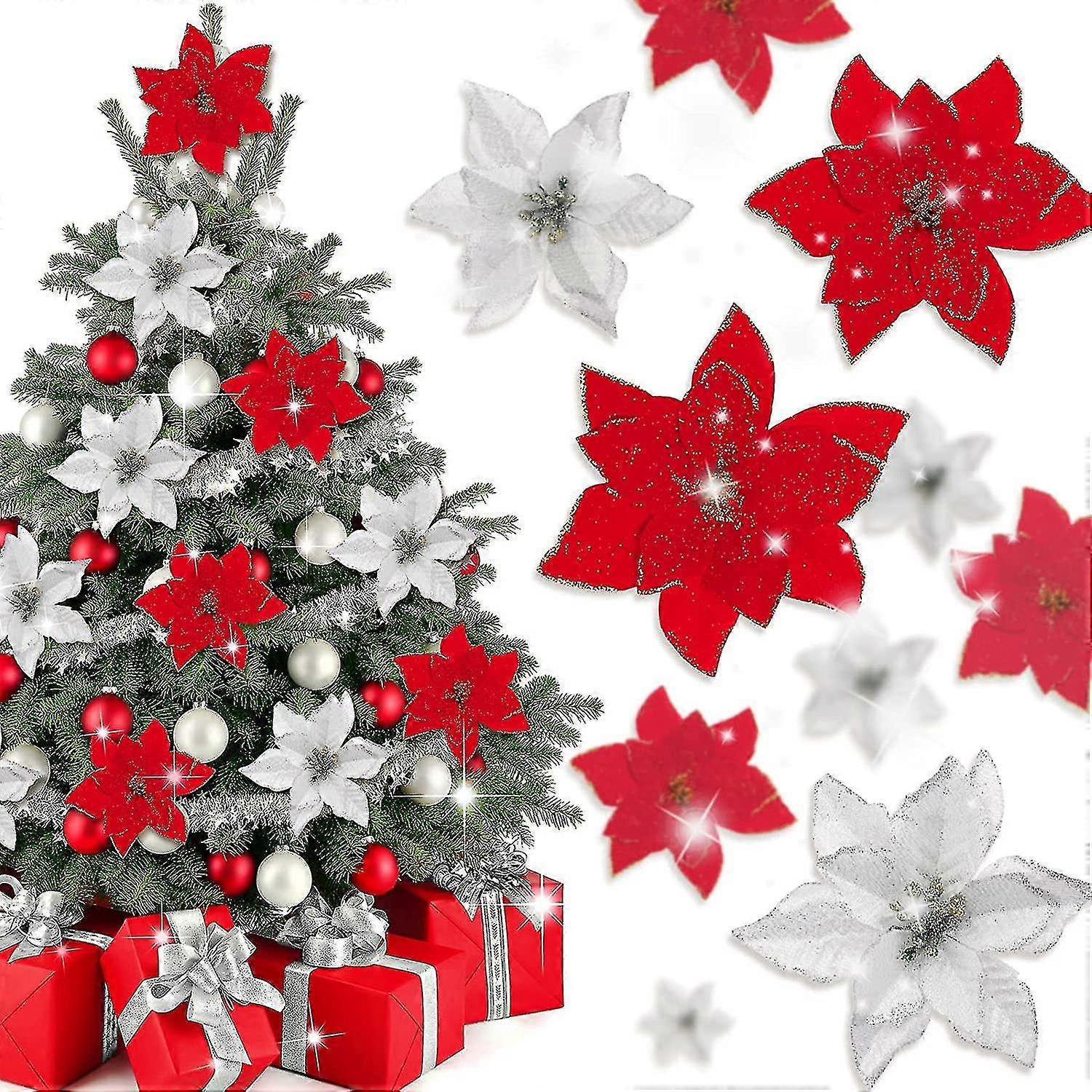 40pcs Poinsettia الاصطناعية زهور عيد الميلاد مع 40pcs كليب و 40pcs ينبع الأحمر الفضة عيد الميلاد الزهور بريق