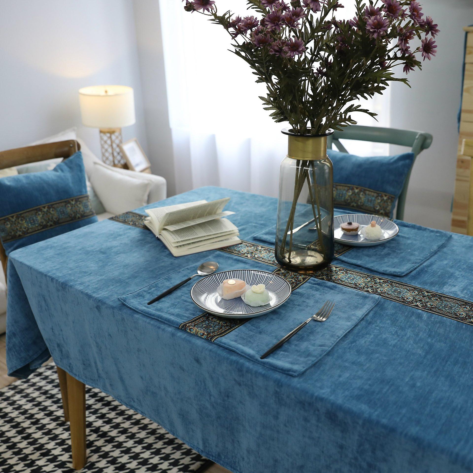 Embroidered Tablecloth Blue Double-sided Velvet Lace Rectangular Tablecloth