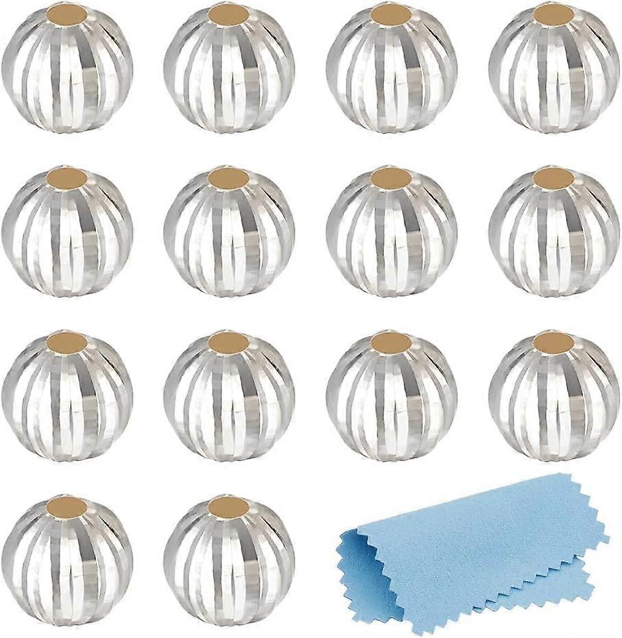 10Pcs 925 Sterling Silver Beads 6mm Pumpkin Seamless Smooth Spacer Beads Round Ball Beads with Suede Fabric Polishing Cloth for DIY Ring Necklace Earr