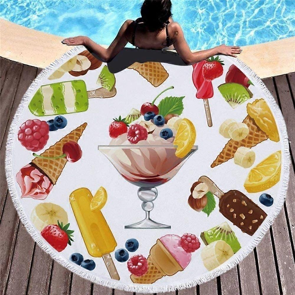 Beach Towel 150 x 150cm Thick Round Beach Towel Oversized Blanket Microfiber Fabric with Fringe FringeBohemian Cartoon Ice Cream Print Thick Circle La