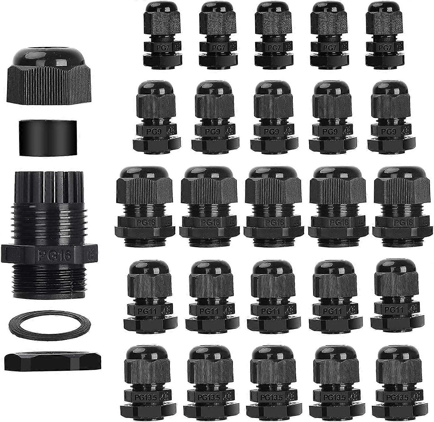 Waterproof Cable Glands, Locknut Adjustable, 25 Pcs
