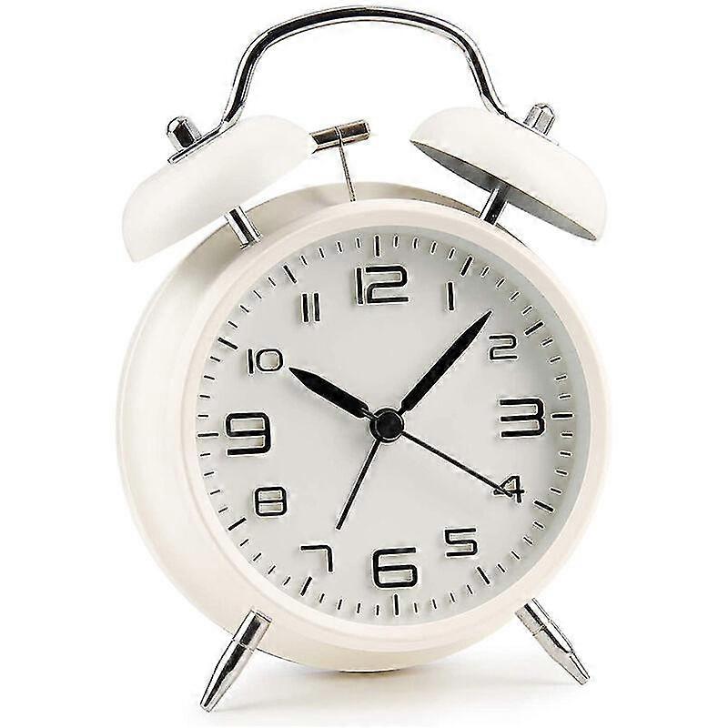 Doppelglockenwecker Mit Nachtlicht, 4 Zoll Groes Zifferblatt, Quarz-Analog-Wecker Mit Lautem Alarm, Kein Ticken, Leise, Wei