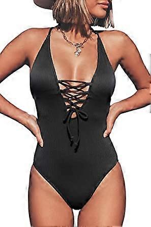 Dww-Noir Femme Maillot de Bain 1 Pice Lacets Dos Crois Textur Lace Up Badeanzug Maillot 1 Pice Maillot de Bain