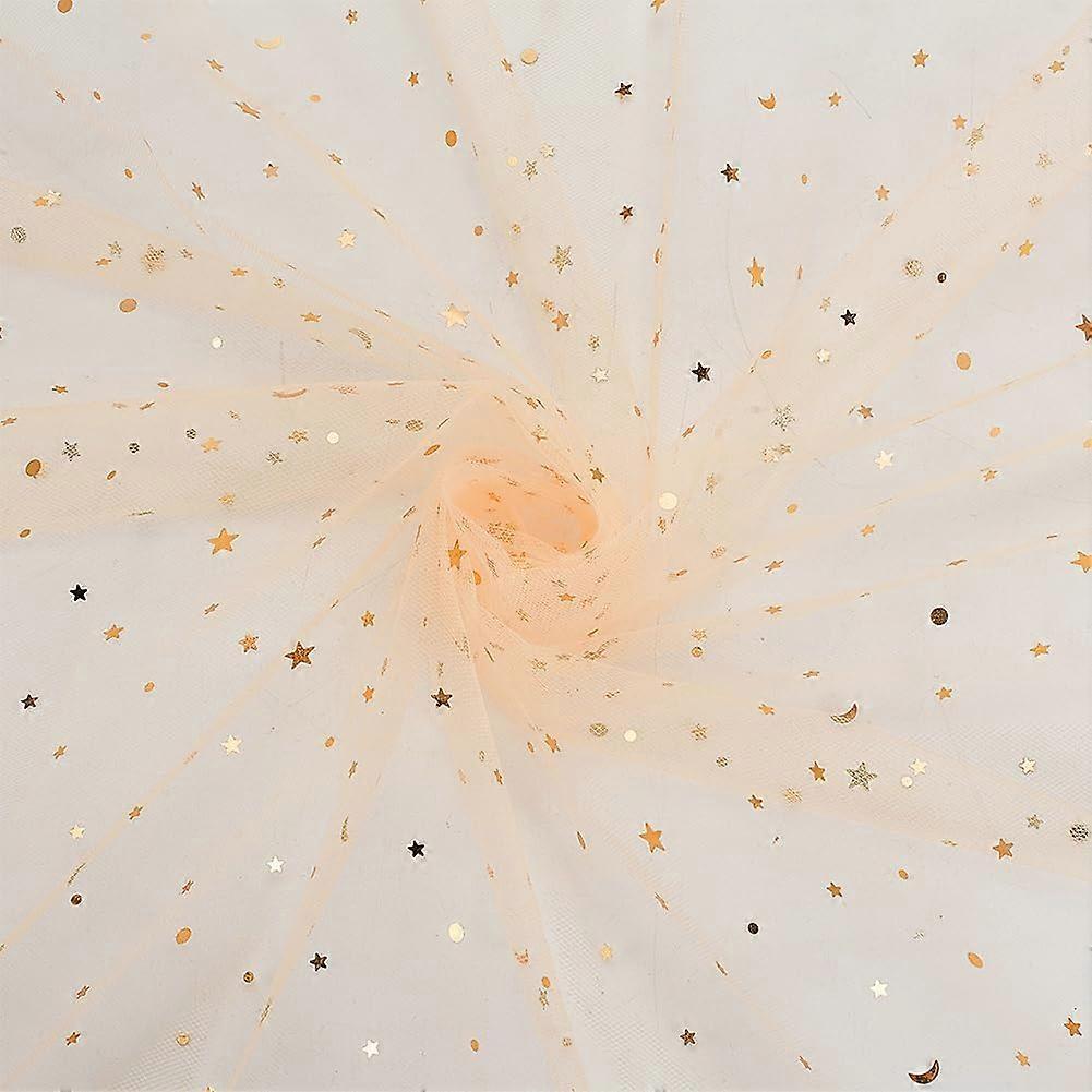 59" x 5 Yards Champagne Glitter Tulle Fabric Navajo White Star Moon Sequin Tulle Netting Fabric Moon Star Embroidered Mesh Tulle Fabric for DIY Sewing