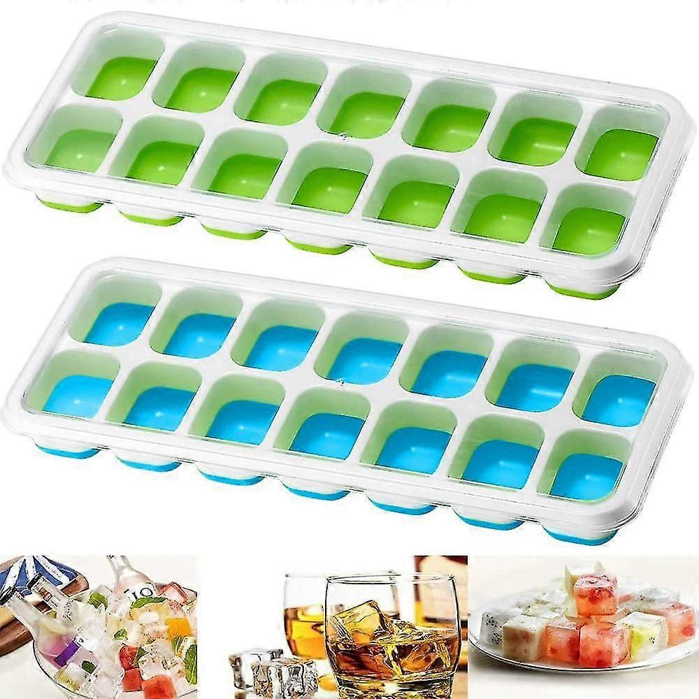 2 Ice Cube Trays Made Of Silicone With Lid, 14 Compartments With Removable Spill Lid, Ice Cube Shape Suitable Ice Cube Shapes - Blue Green