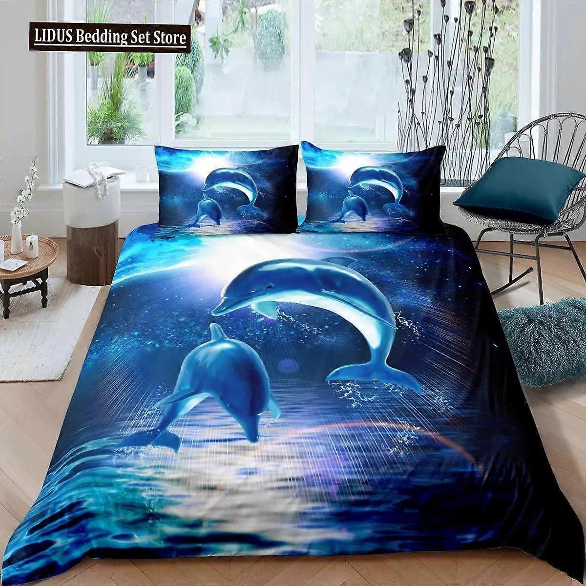 x2538 ملاءات سرير دولفين باللون الأزرق بحجم البحر مجموعات مفروشات لحاف لحاف مجموعة غطاء لحاف أطفال سرير كبار أغطية سرير بوليستر 3 قطع مجموعة مفروشات (1 Duve