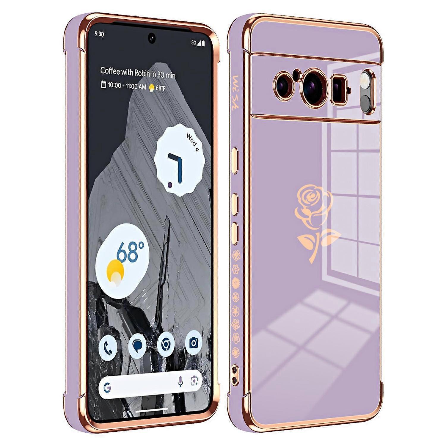 For Google Pixel 8 Pro Case Electroplating Edge Rose Pattern TPU Phone Back Cover Airbag Drop Proof 