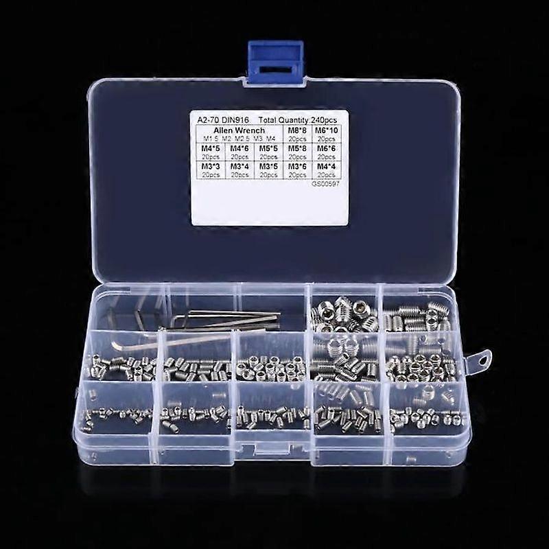 240pcs Hex Socket Grub Screws Assortment Kit M3 - M4 - M5 - M6 - M8 with Hex Keys-DBA