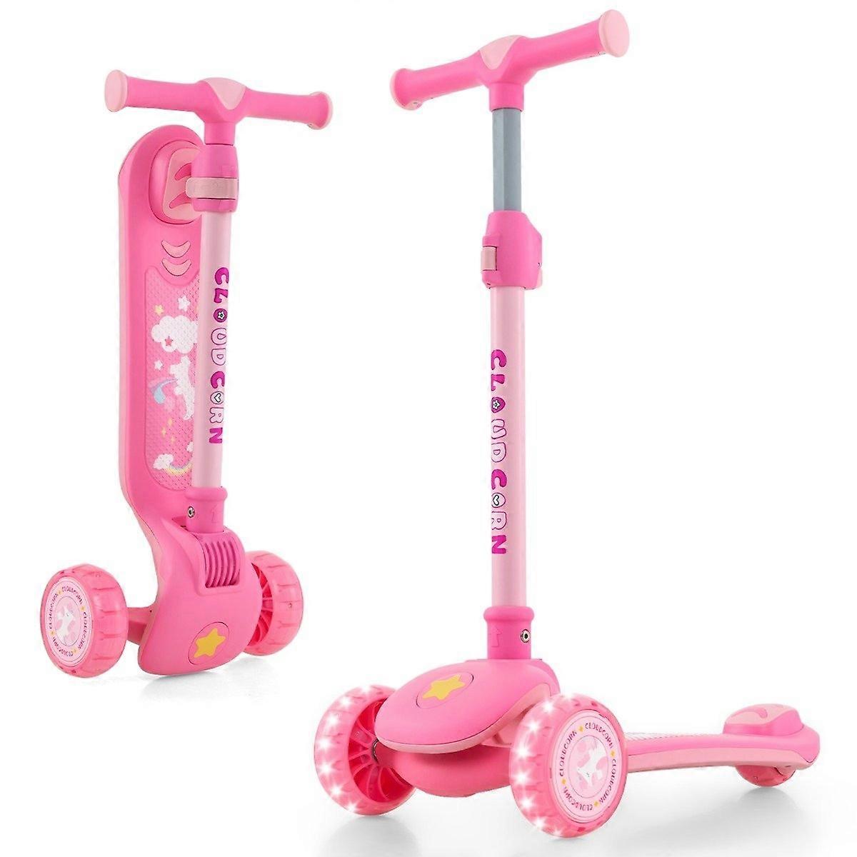 Foldable Kids Scooter with PU LED Wheels and Rear Brake, Height Adjustable Scooter, Pink