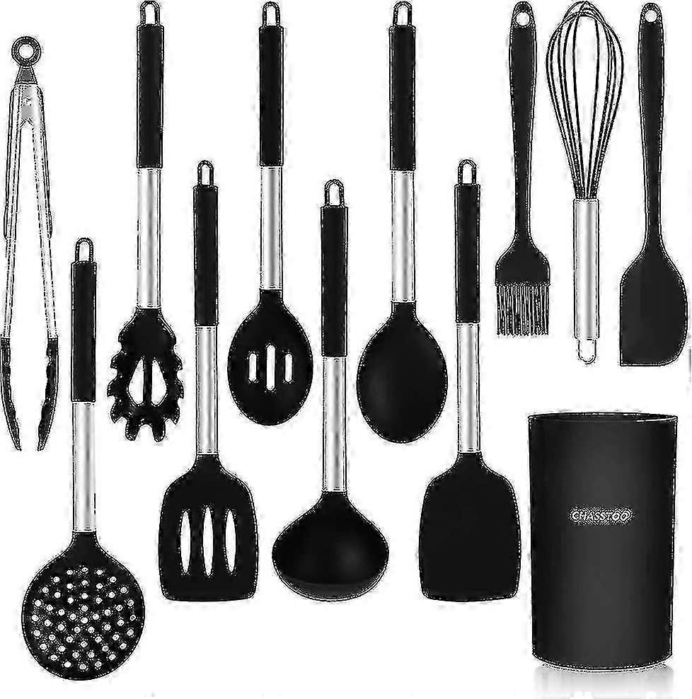 硅胶炊具,12 件耐热硅胶器具,厨房用具套装用于烹饪,包括勺子/刮刀/储物罐