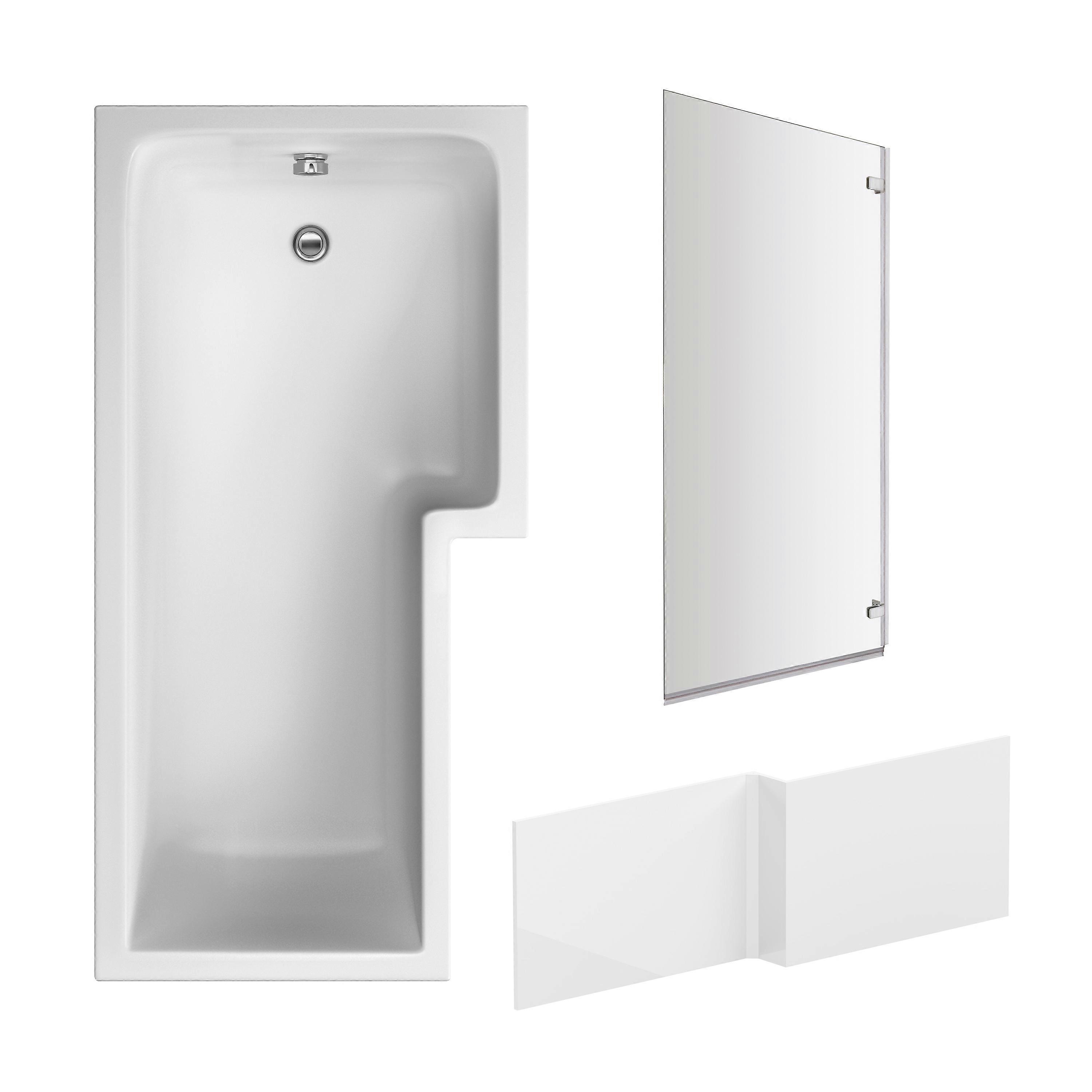 L Shape 1700x850 Shower Bath Set - Front Panel & Chrome Square Hinge Screen, Right Hand