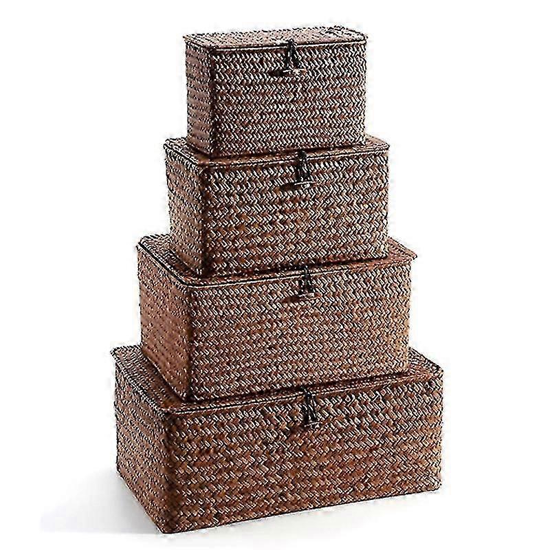 2025 New Woven Handicrafts Straw Storage Bins with Lid - Set of 4 - Rectangular Seagrass Basket/Storage Basket for Shelf Organizer