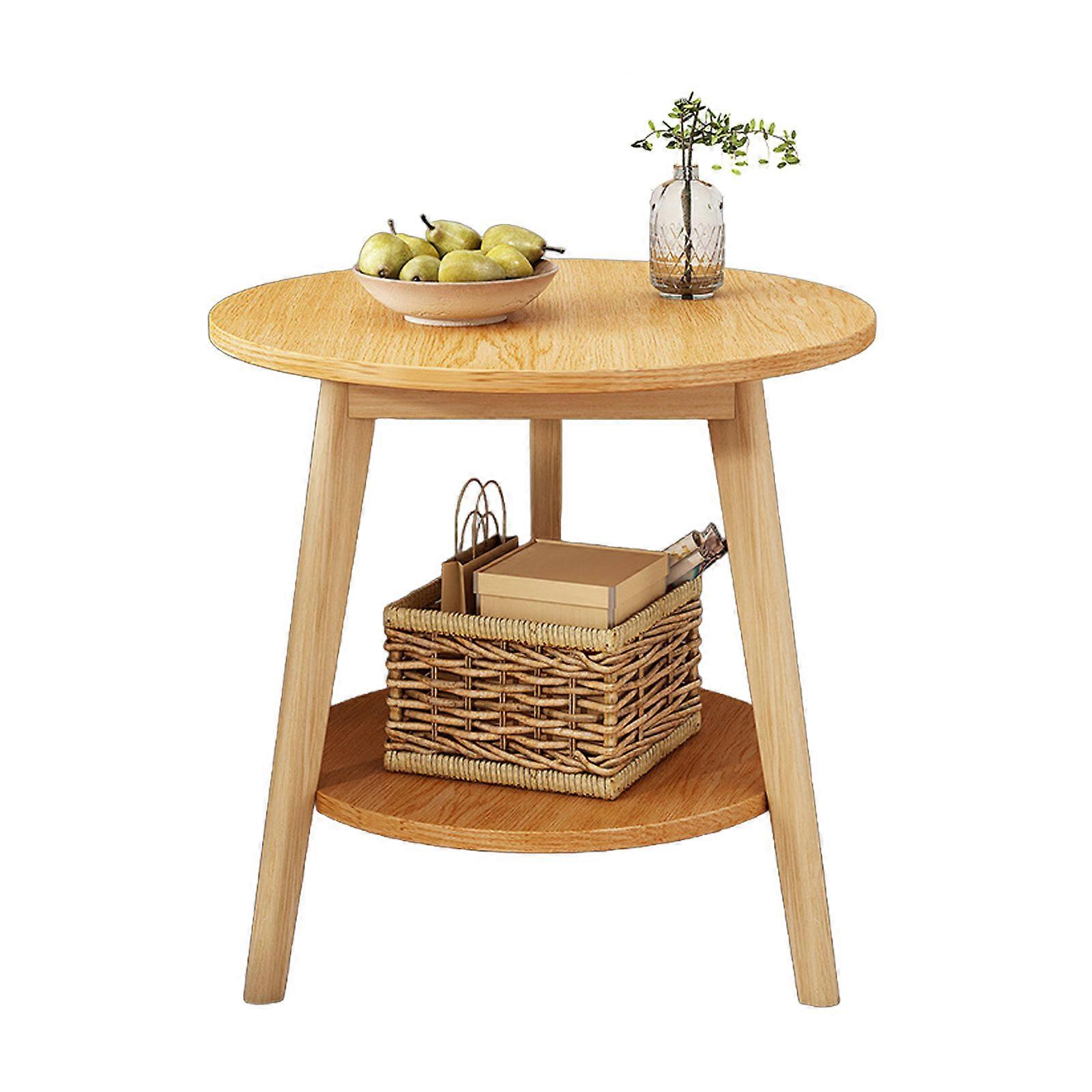Versatile Round End Table with Lower Shelf small Hick Nightstand with Open Shelf Simple Installs for Small Spaces  Wood color