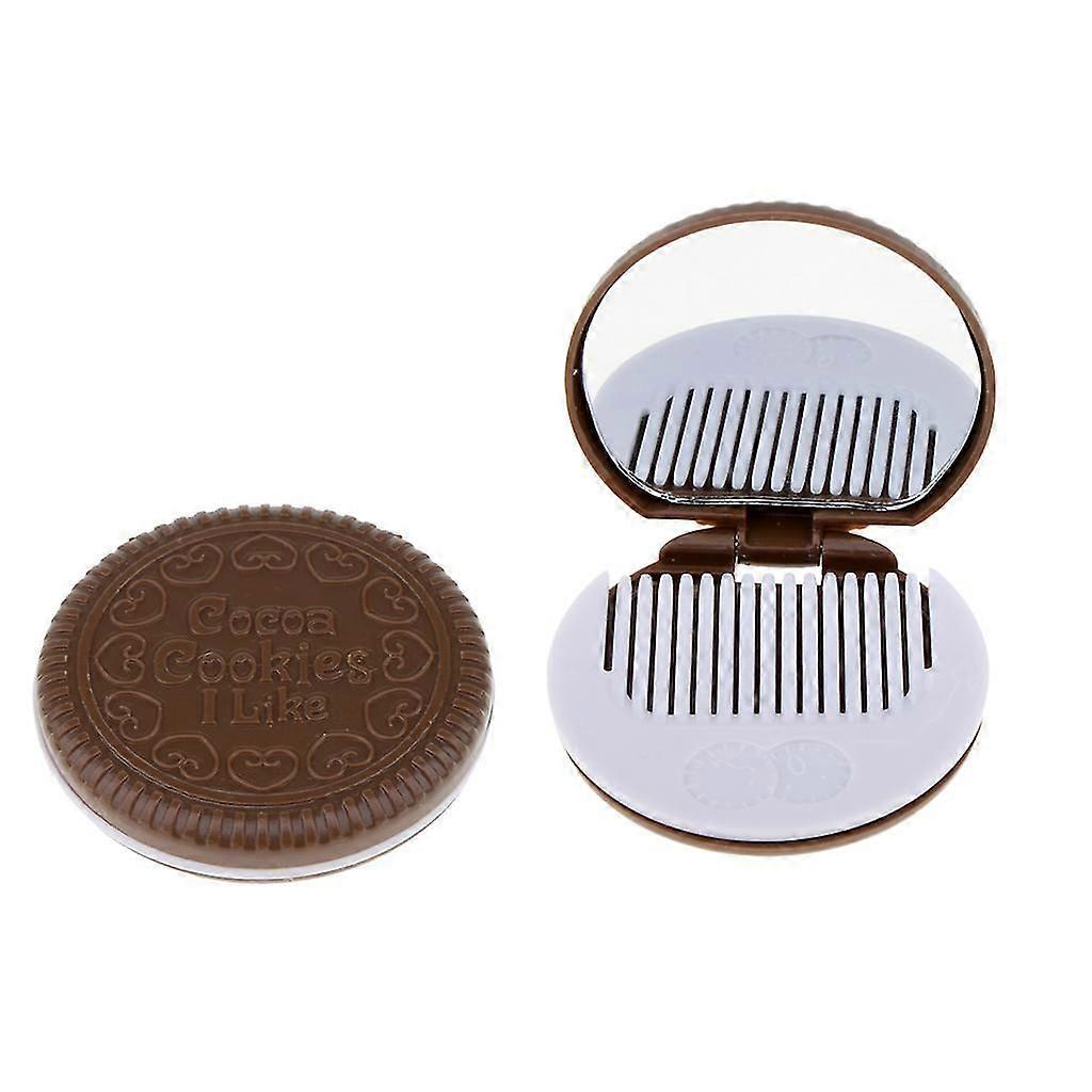 2 Round Folding Makeup Mirror Compact with Comb Pocket Biscuit Size Cute Coffee