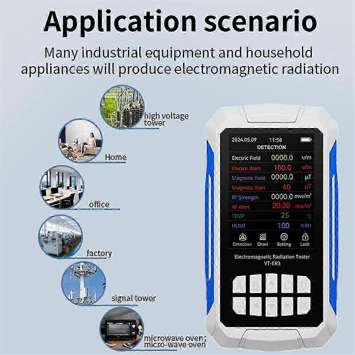ER3 5in1 Electromagnetic Radiation DetectorRF&Electric Field Testing with Temperature & Humidity Measurement Black