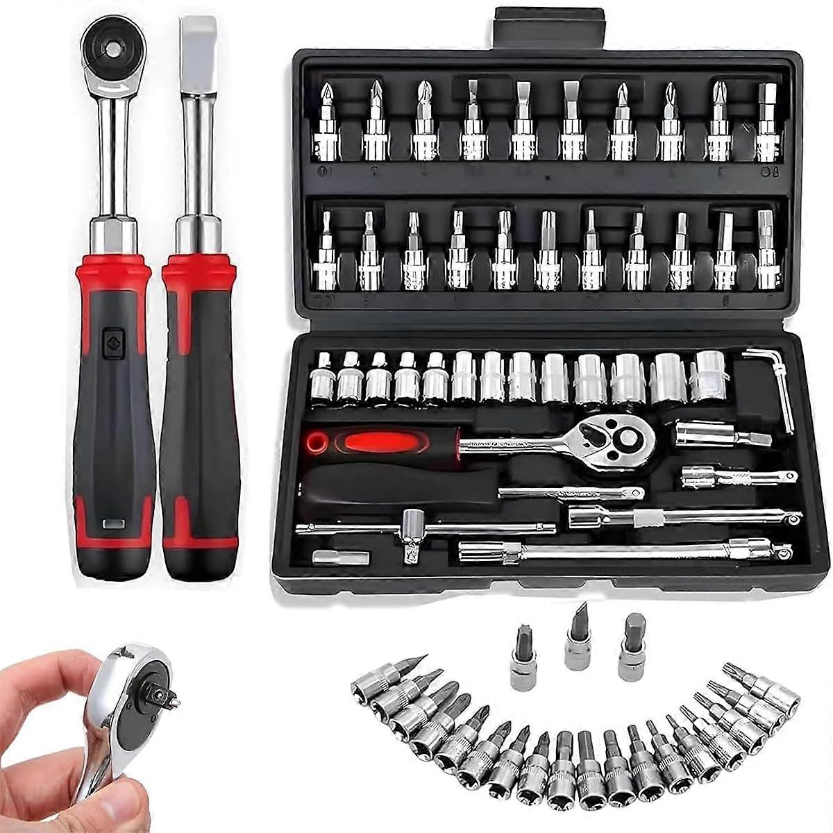 Slim Ratchet Set - 46-Piece Ratchet Wrench Kit, Car And Home Tool Set With Storage Toolbox, Portable Black