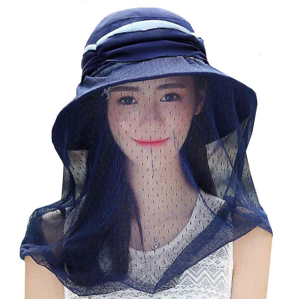 Wide Brim Sun Hat With UV Protection Mesh Veil Head Net