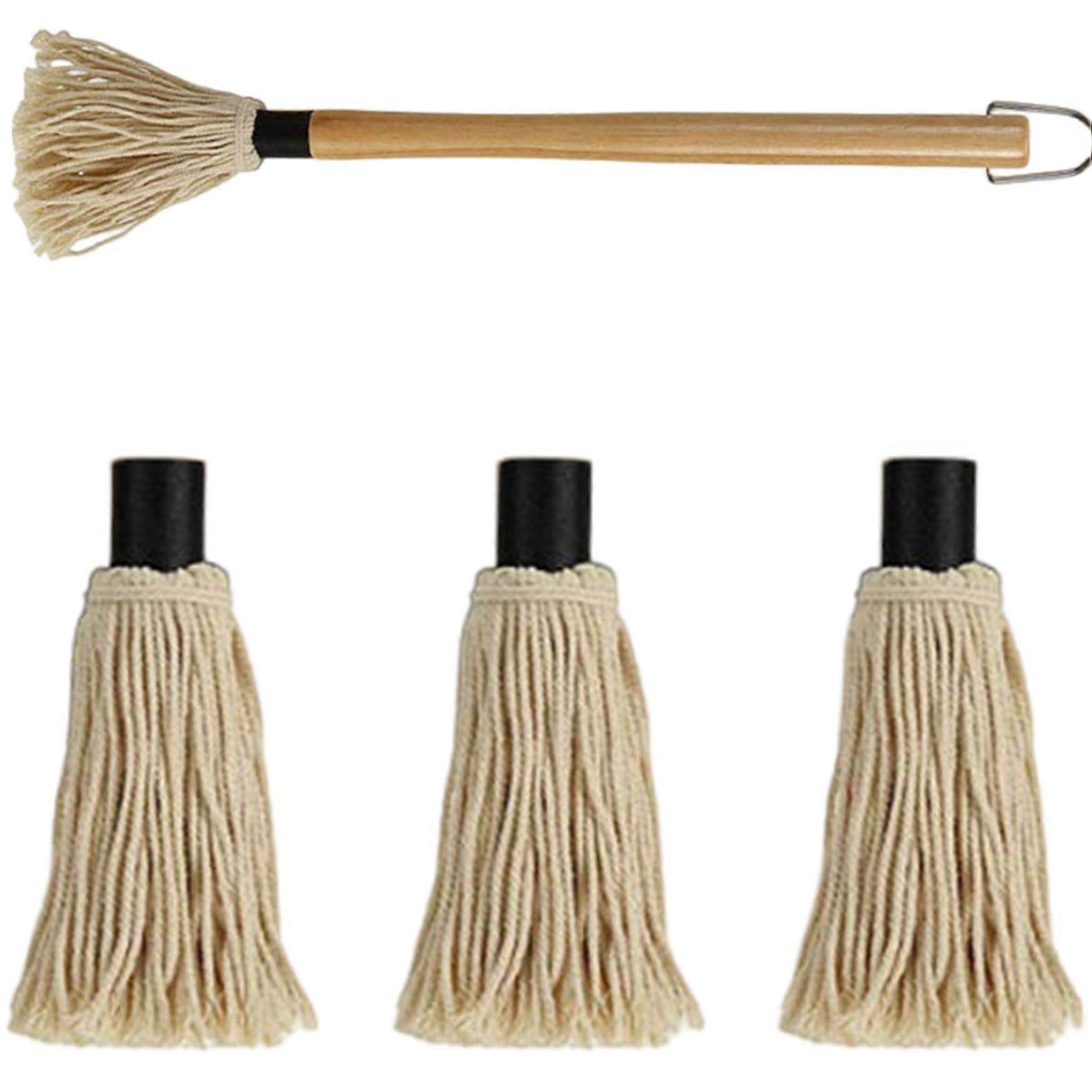 BBQ Mop Brush 18.3 Inch Wooden Handle with 3 Replacements for Grill Basting, Ideal Barbecue Accessory