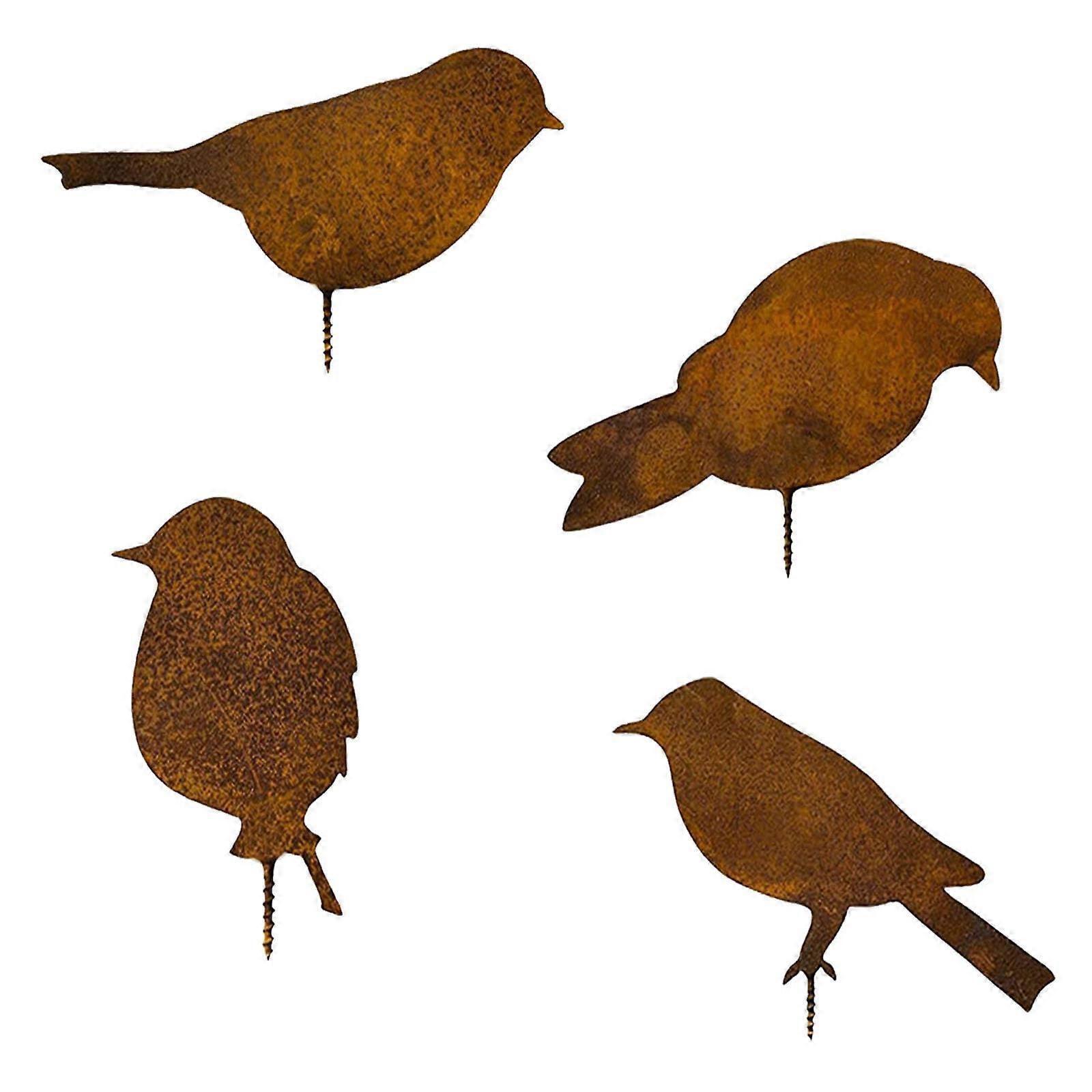 Pack of 4 Rust Birds, Rust Decoration, Patina Birds with Screw, Suitable for Garden, Interior Decoration
