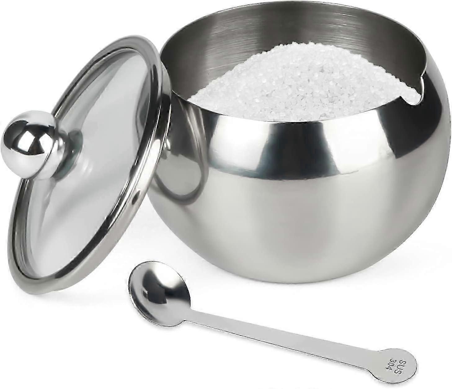 Stainless Steel Sugar Pot with Clear Lid and Spoon, Drum Shape Small Condiment Container 8.1 Ounces(240 Milliliter)